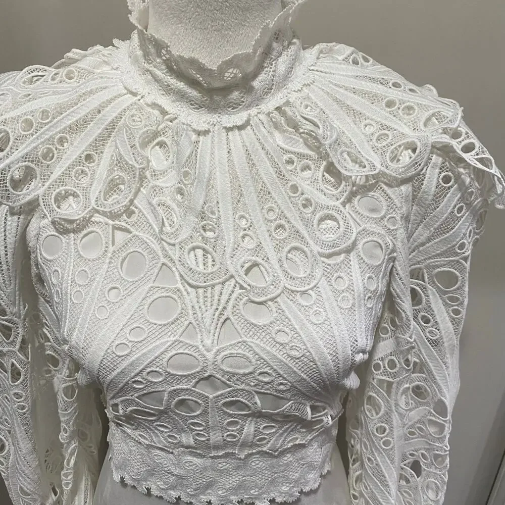 ASOS LUXE Backless Eyelet Ruffle Neck Top Sizes 0 White Lace Long Sleeve - Picture 4 of 13